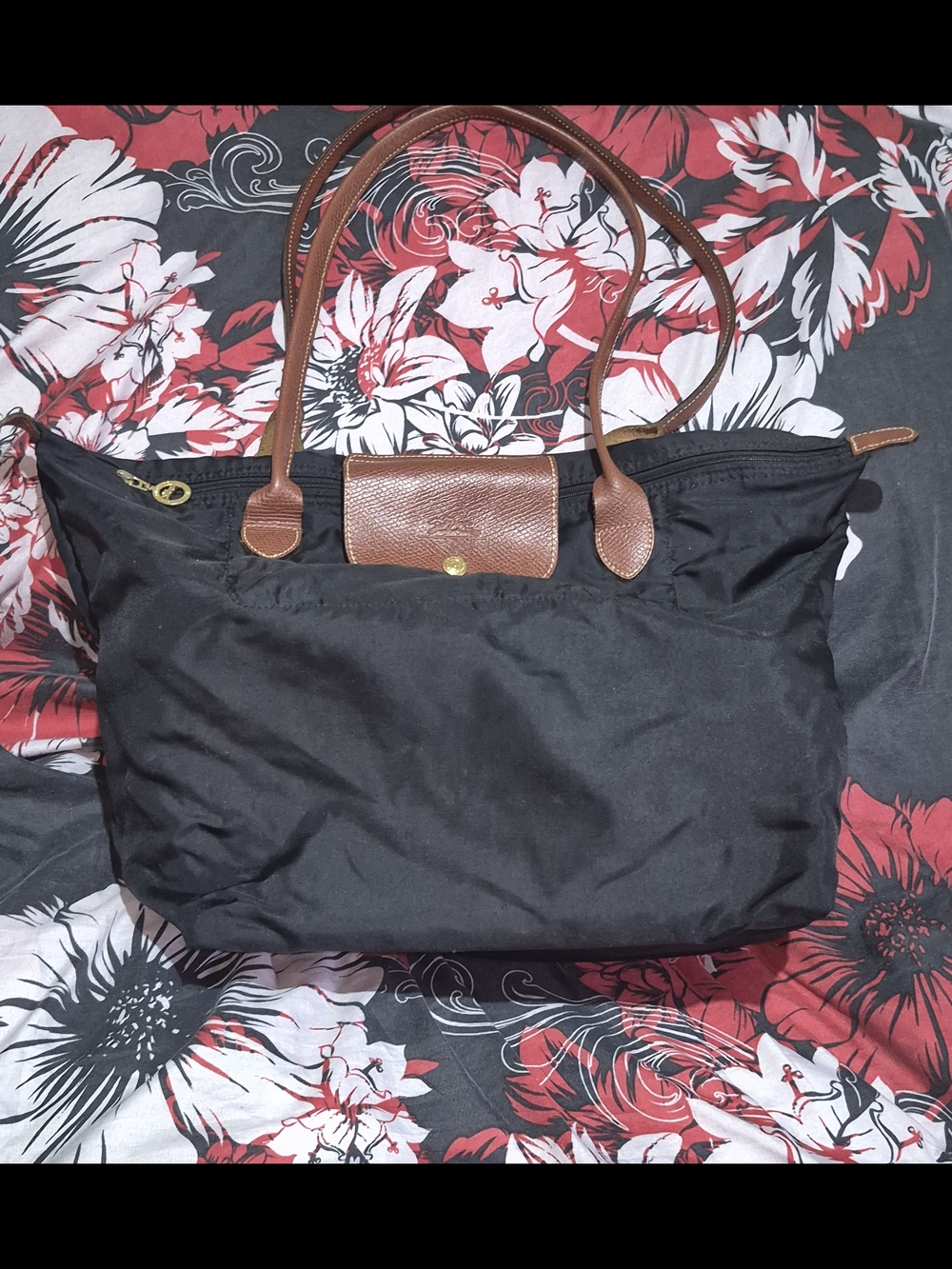 Longchamp Le Pliage Style Black Tote with Brown Trim